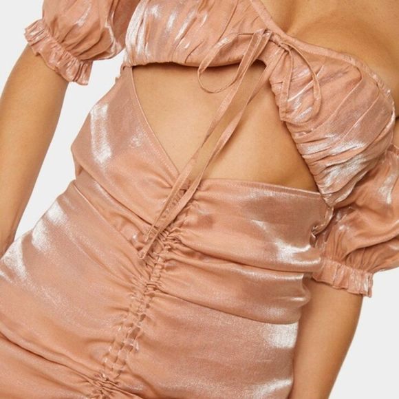 PRETTY LITTLE THING pink iridescent ruched bardot dress - Picture 2 of 5